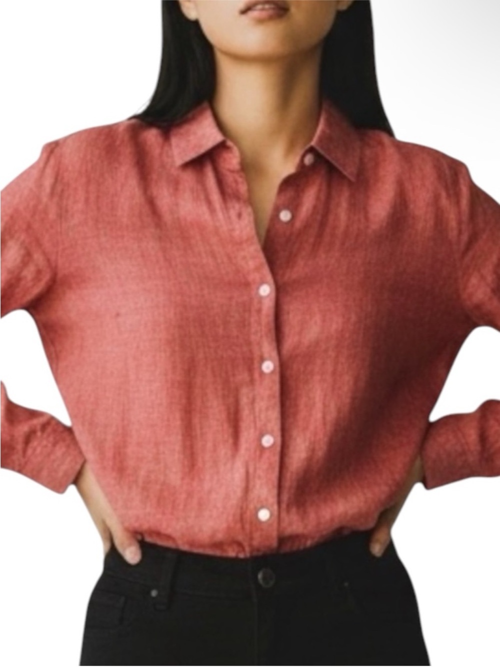 LANDS’ END 100% Linen Smocked L/S Button Down Shirt in Orange/Red Size XS P 2-4) - Picture 9 of 11